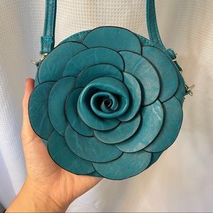 Teal Rose Leather Circle Crossbody Purse